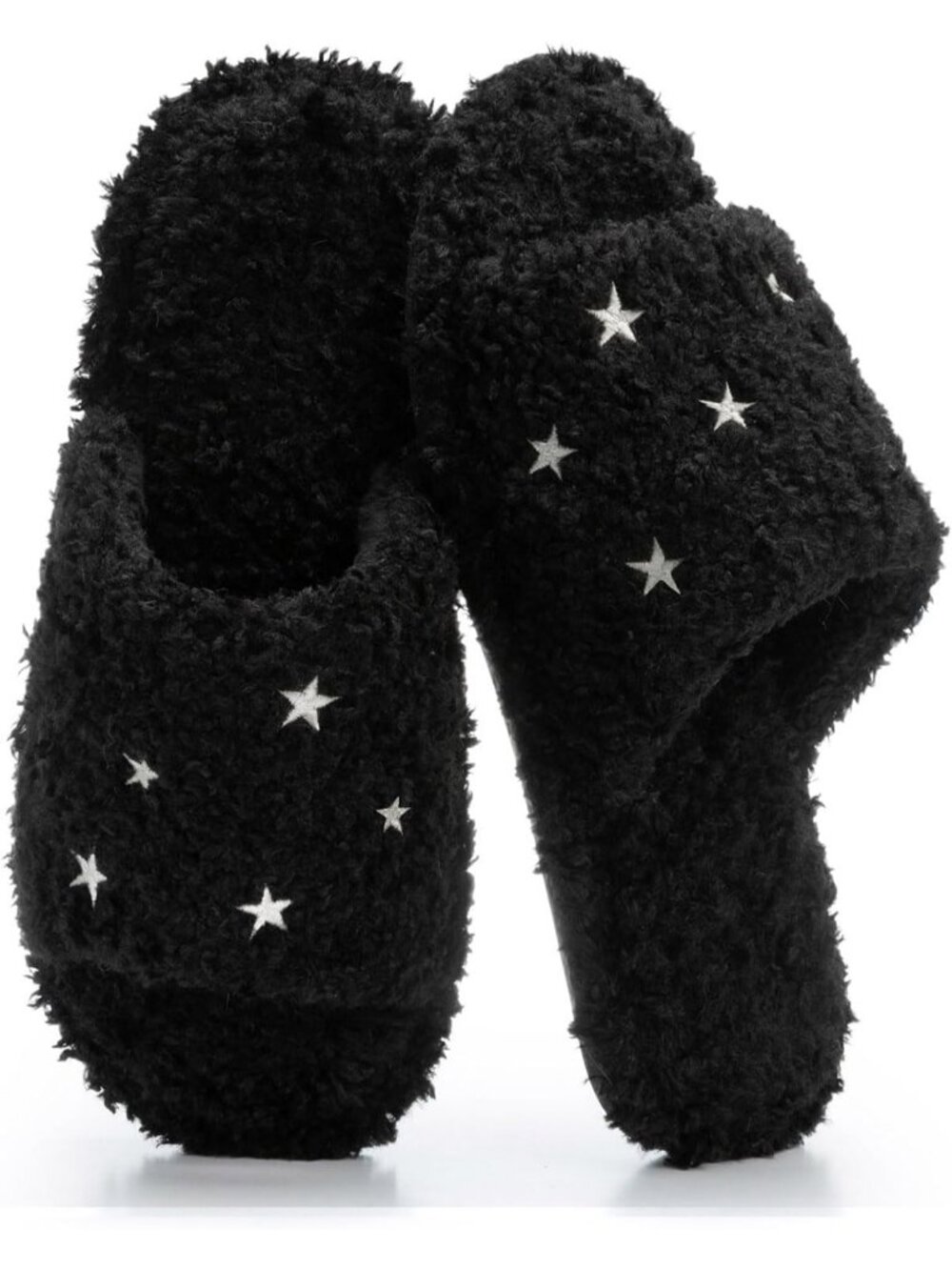 Women's Black Star Memory Foam Open Toe Soft Faux Fur Non Slip Washable Slippers